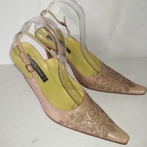 Roger Mohnani Heels Slingback Leather Intricate Floral Etching Size 8